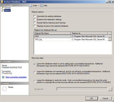 How to restore IRIS SQL when using SQL server 2005 MS