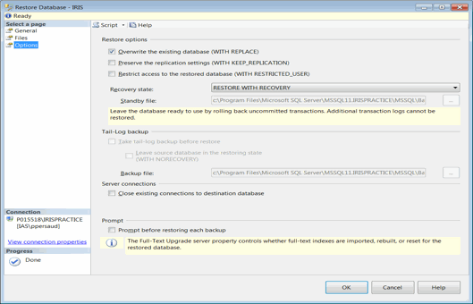 How to restore IRIS using SQL Server Studio 2012