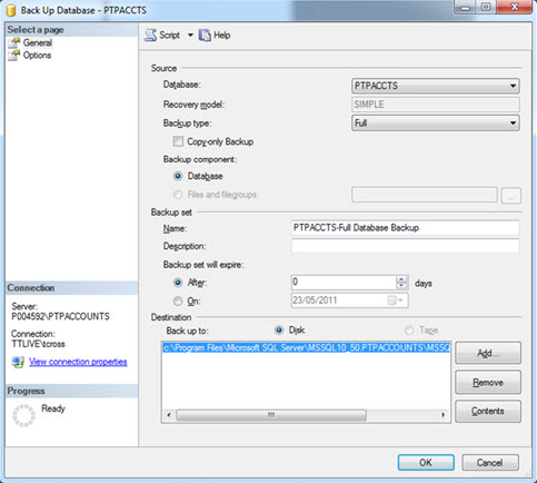 How to backup the SQl database for PTP Accounts Production
