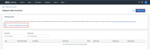 screenshot of the create new repeat sales invoice link in IRIS KashFlow