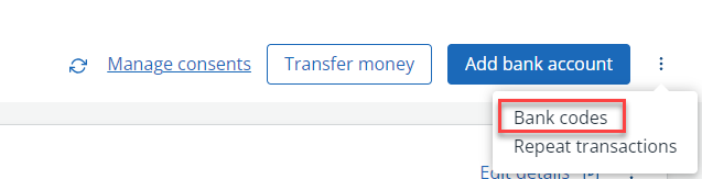 Screenshot of the Bank code options action menu in IRIS Kashflow