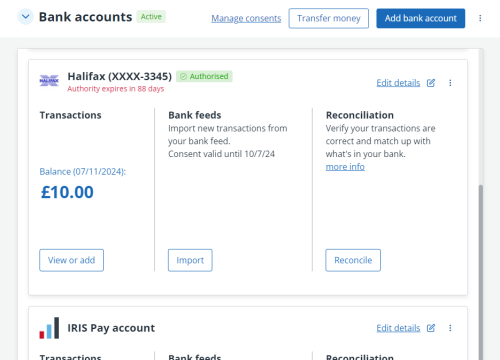 Screenshot of the bank accounts list in IRIS Kashflow