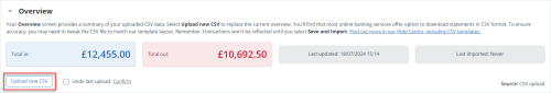 screenshot highlighting where to upload a new transaction CSV