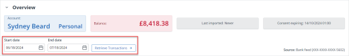 screenshot highlighting where to set the date range for an Open Banking import in IRIS Kashflow