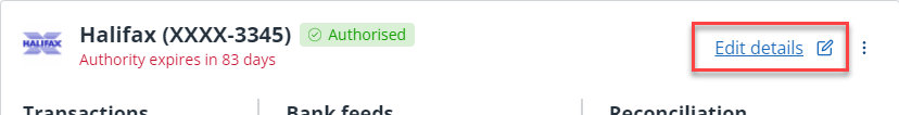Screneshot highlighting the location of edit details for a bank account in IRIS Kashflow