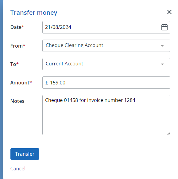 Screenshot of the transfer money dialog in IRIS Kashflow