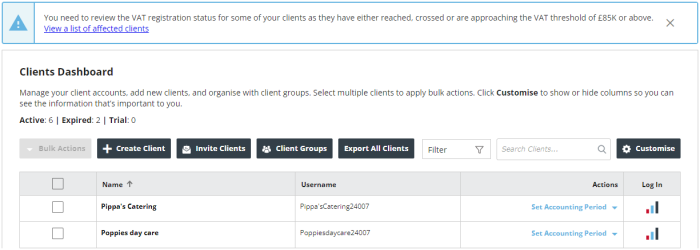 Screenshot of the IRIS KashFlow Connect clients dashboard with the VAT threshold notification active