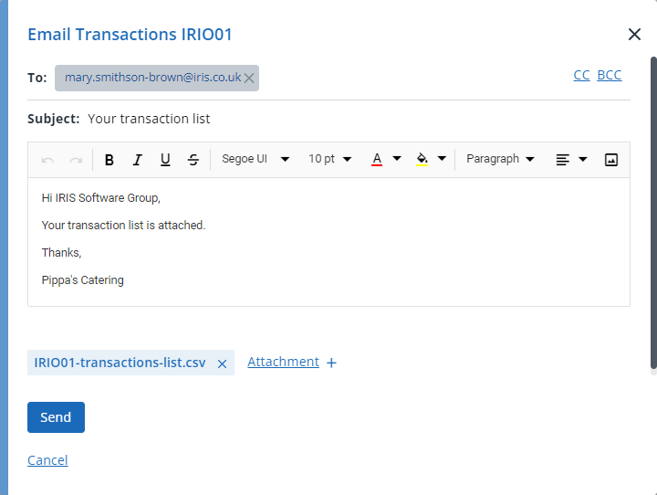 screen shot of the email statement screen from IRIS Kashflow