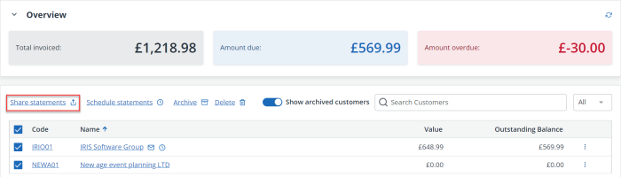 screen shot of the customer list in IRIS Kashflow highlighting share statements function