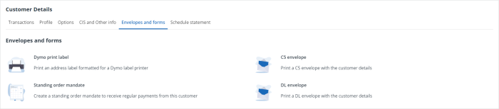 screen shot of the envelope and form options in a customer profile form IRIS Kashflow