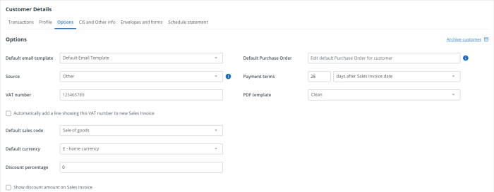 screen shot of the customer options screen in IRIS kashflow