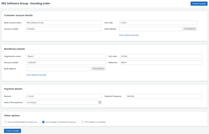 screen shot of the direct debit mandate for in IRIS Kashflow