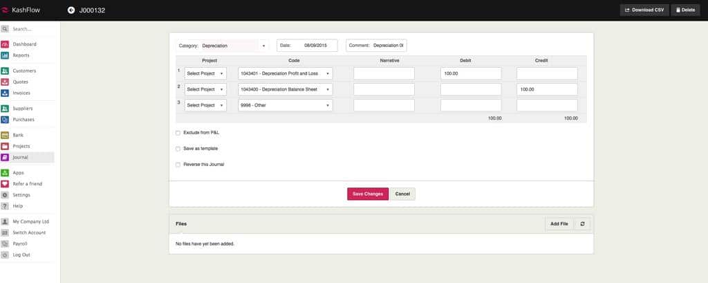 screenshot of a jouranl with assets depreciation in IRIS Kashflow