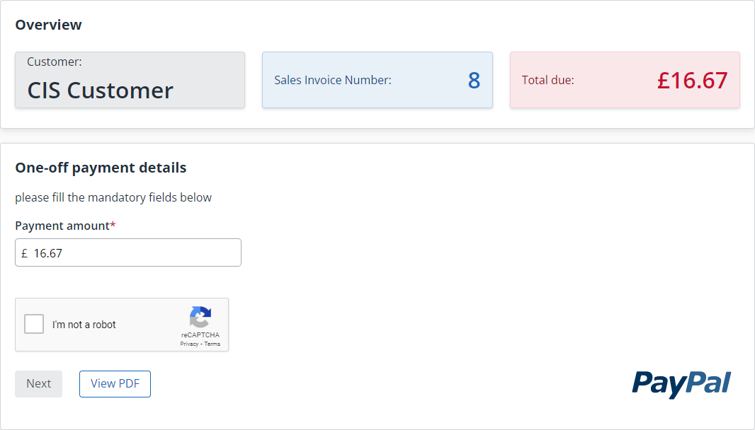 screenshot of the Global payments one off payment form in IRIS Kashflow