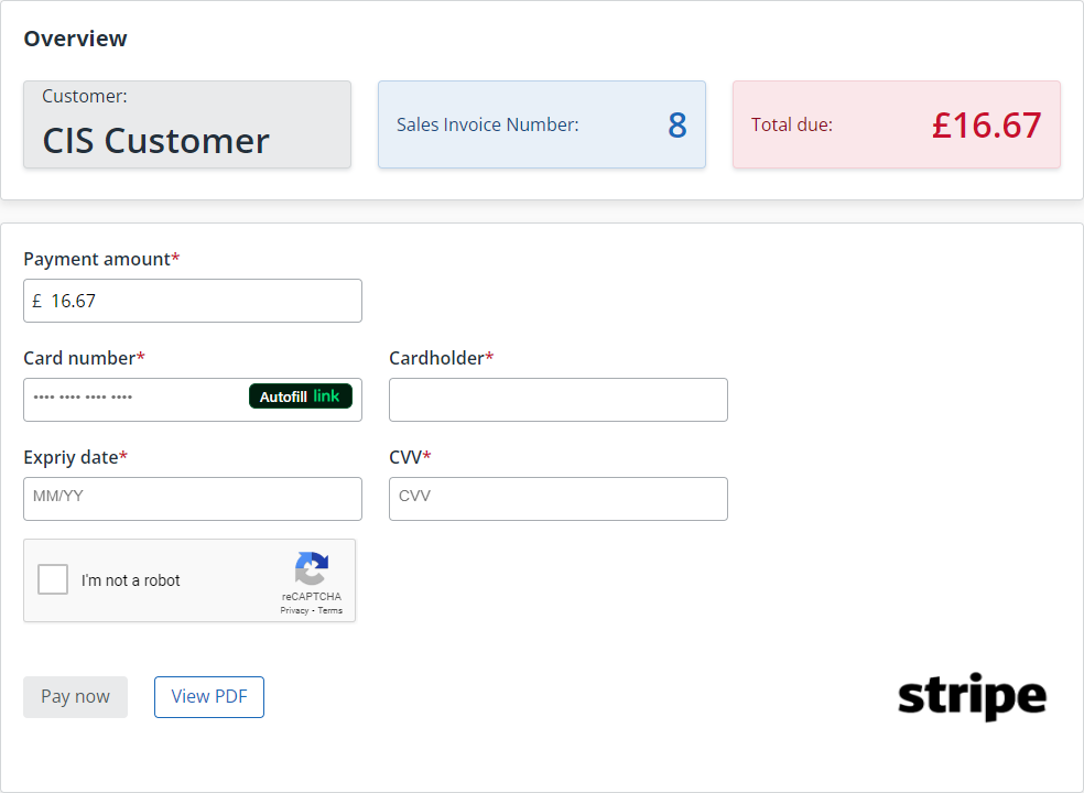 screenshot of the Stripe one off payment form in IRIS Kashflow