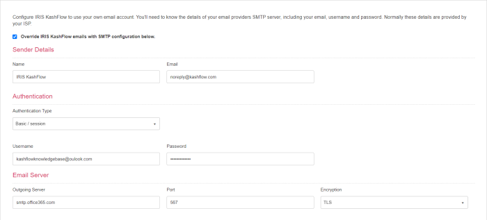 s=screen shot of IRIS Kashflow SMTP configuration screen