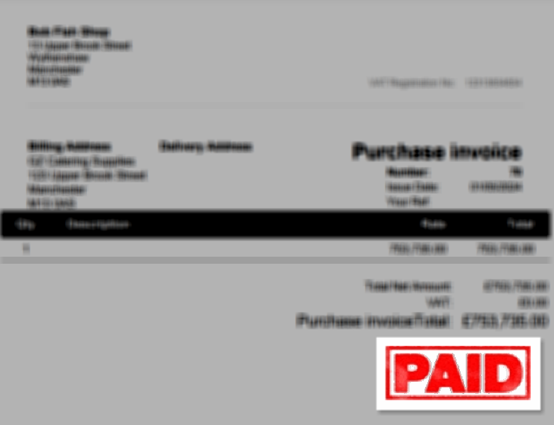 Screenshot of the the purchase invoice PDF with the paid stamp included in IRIS Kashflow