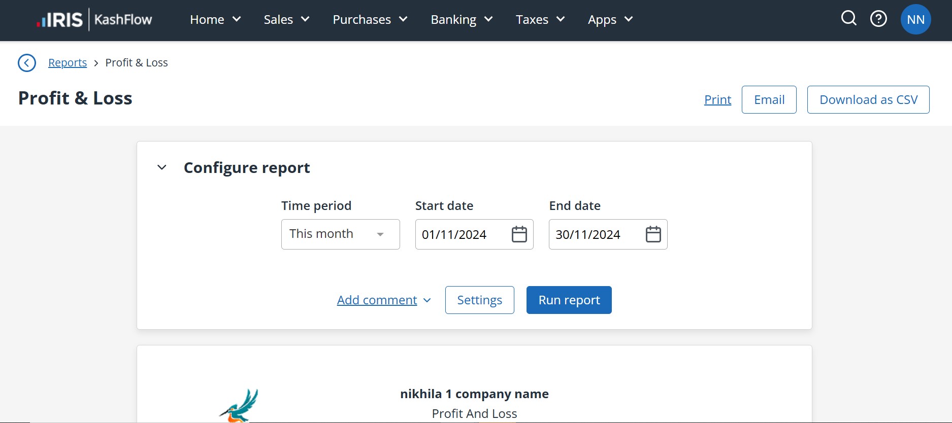 screenshot showing the creation of a profit and loss report with a title of 'configure report'