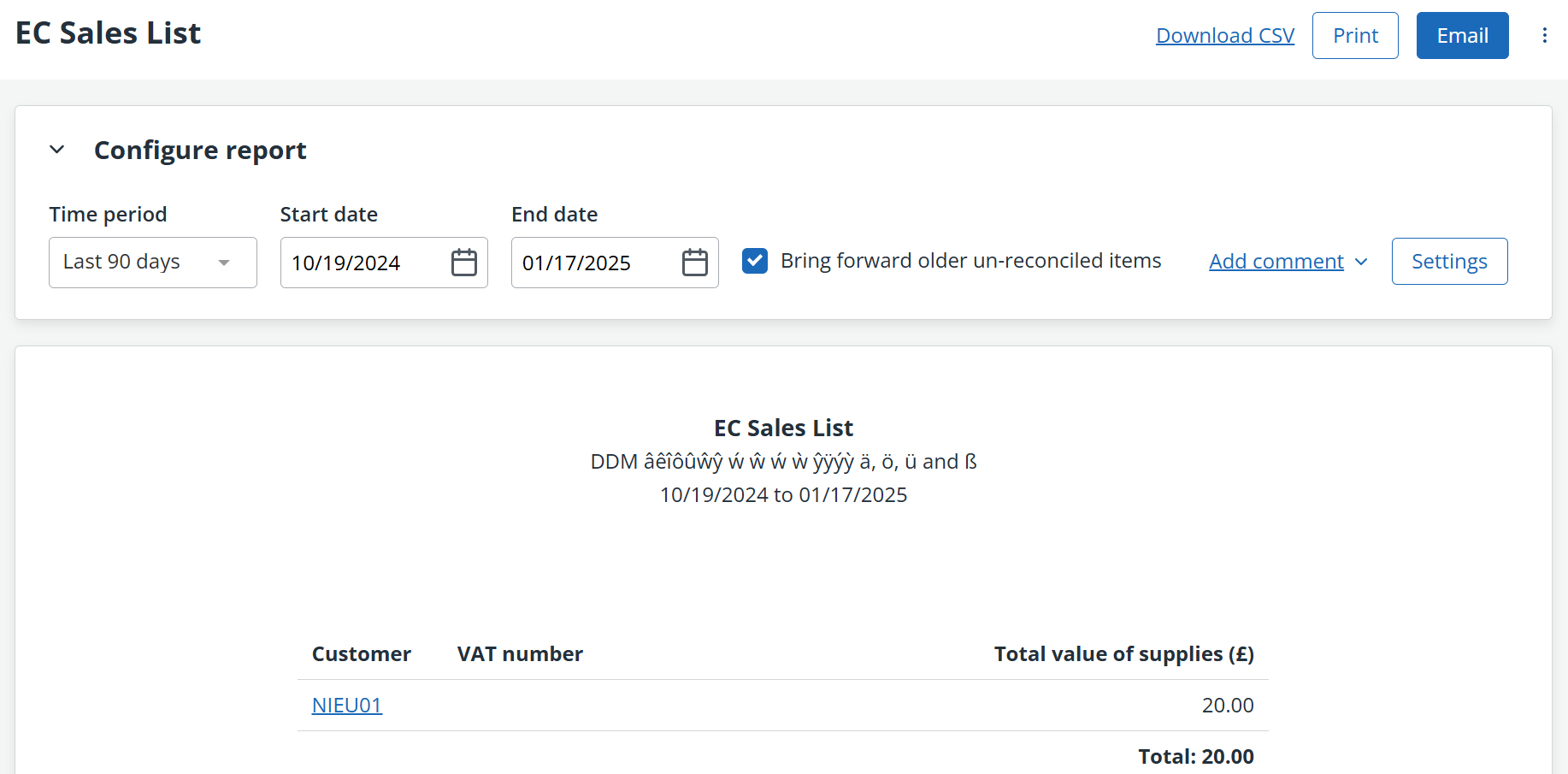 EC sales list report with buttons to configure and the report below