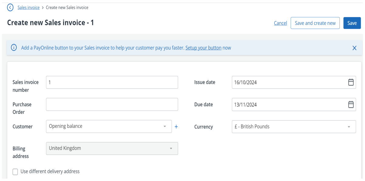 screenshot of new invoice for customer called opening balance test