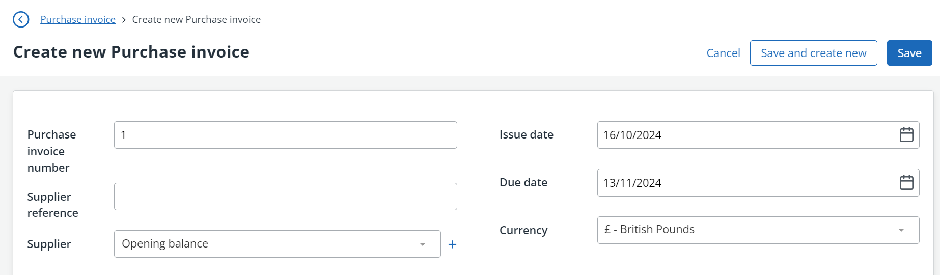 screenshot of creating new purchase invoice for the supplier 'opening balance'.