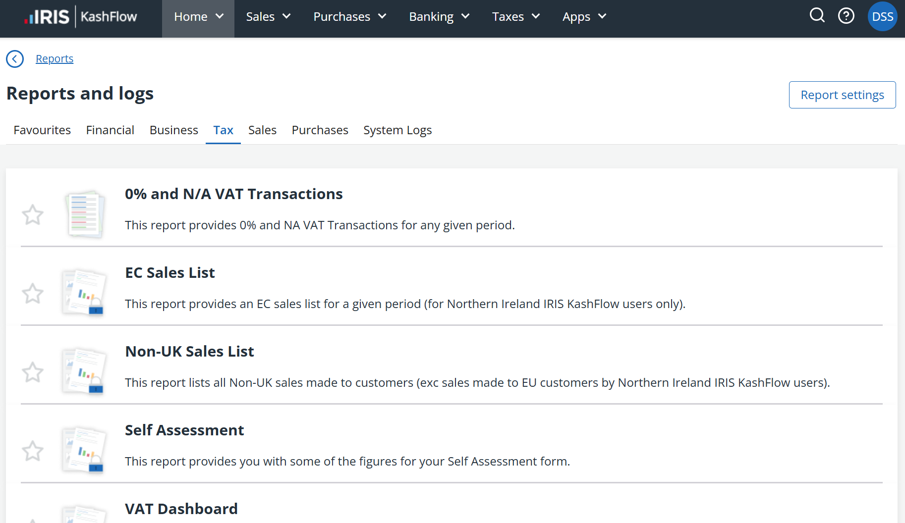 screenshot of the Tax tab in reports showing various tax reports in a list