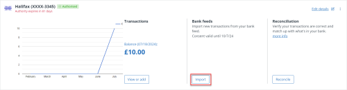 Screenshot highlighting the import transactions option in IRIS Kashflow bank account liast