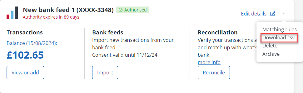 Screenshot highlighting the location of the download csv option for a banck account in IRIS Kashflow