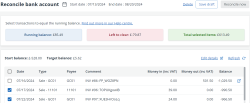 Screenshot of a bank reconciliation in  progress in IRIS kashflow