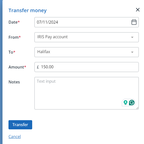 screenshot of the transfer money dialog in IRIS Kashflow