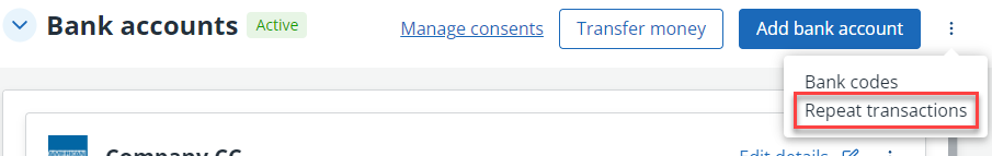screenshot highlighting bank account repeat transaction option in IRIS Kashflow