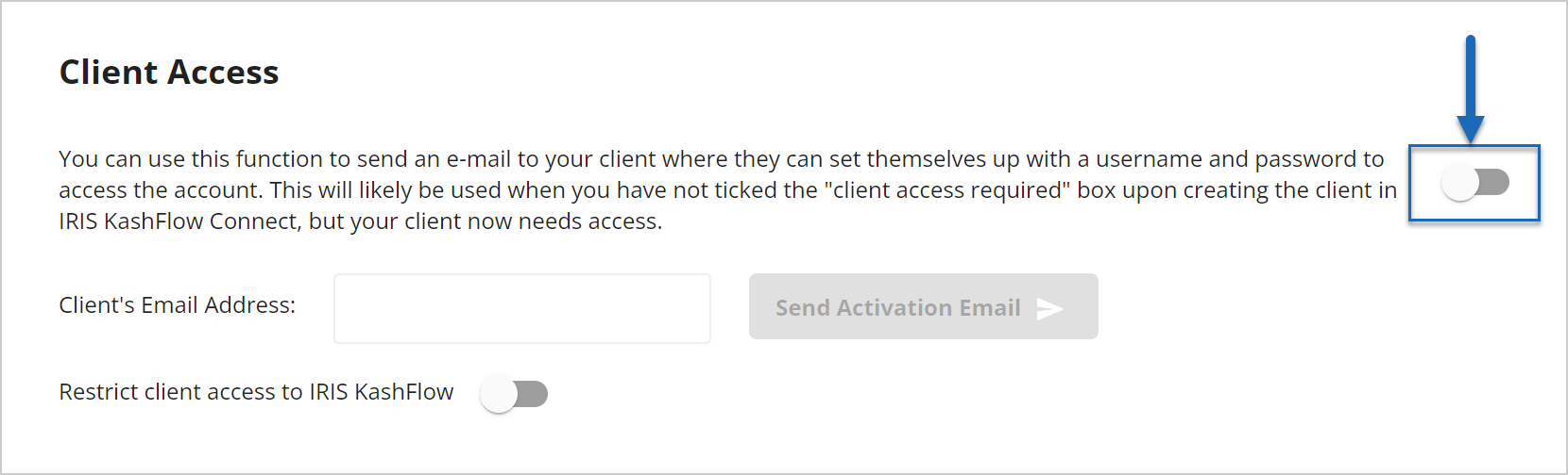 image hightlighting the toggle control location to activate the function to send Kashflow account details to a client