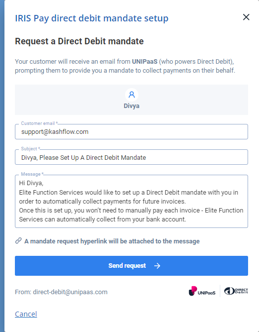 screenshot of the direct debit mandate setup form in IRIS Kashflow