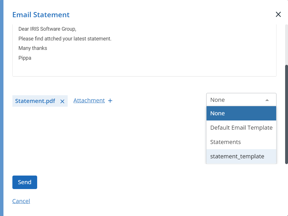 screen shot of the email statement screen from IRIS kashflow highlighting selecting the email template to use