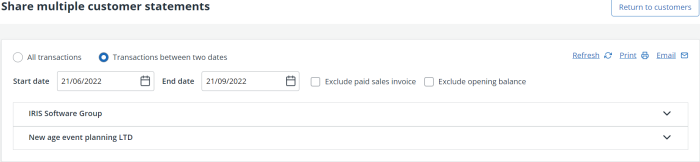 screen shot of share statement options with multiple customers selected in IRIS Kashflow