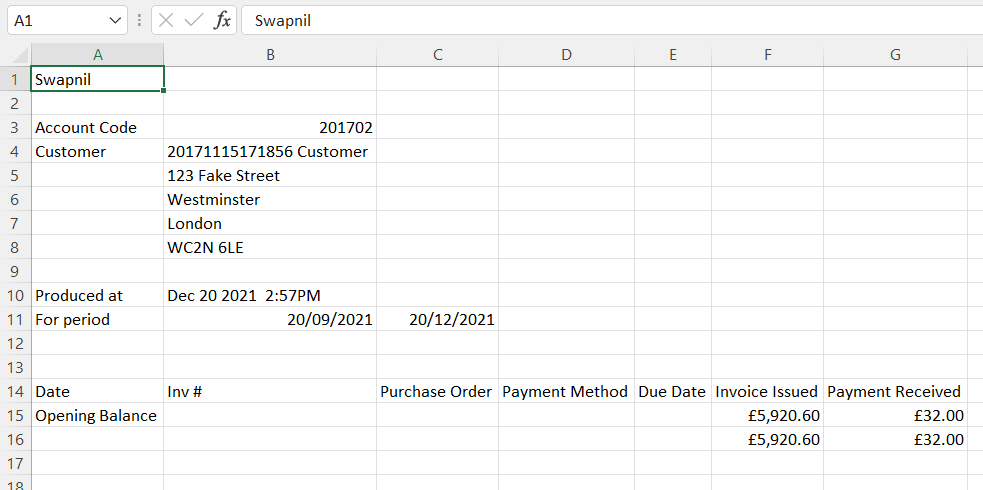 screen shot of the csv statement as displayed in Excel