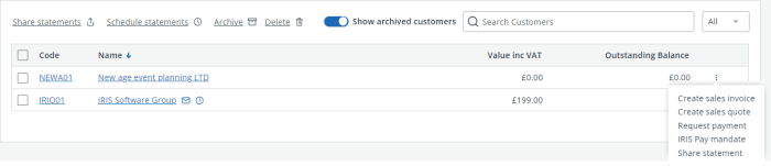 screen shot of the customer action menu on the customer list in IRIS Kashflow