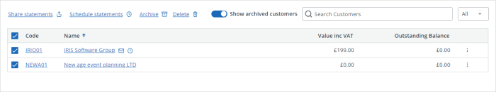 screen shot of the page action menu on the customer list in IRIS Kashflow with multiple customer selected