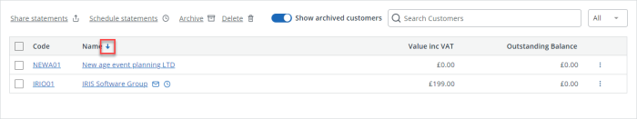 screen shot of the sorting handles on the IRIS kashflwo customer lsit