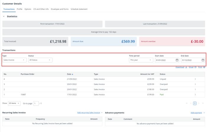 screen shot of the customer transactions page in IRIS Kashflow