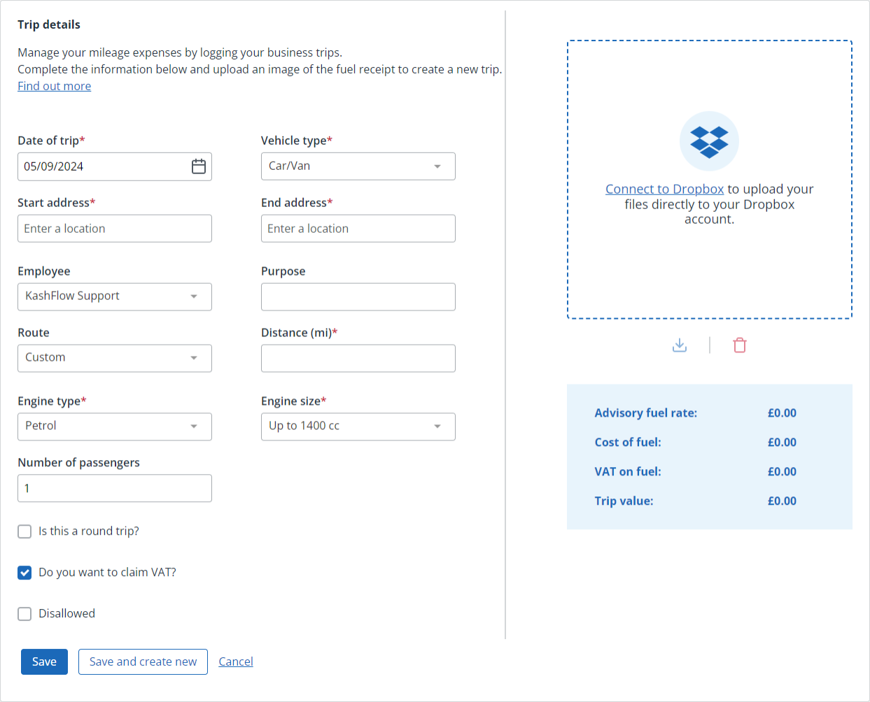 image of the the create mileage trip form as displayed in IRIS Kashflow 