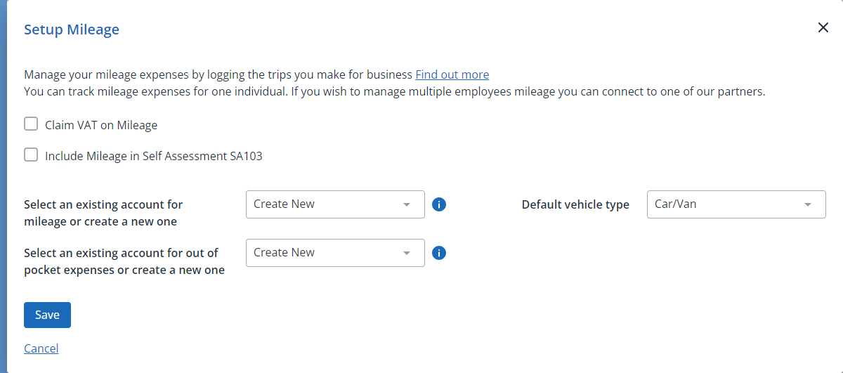 screenshot of the mileage traker setup screen in IRIS Kashflow