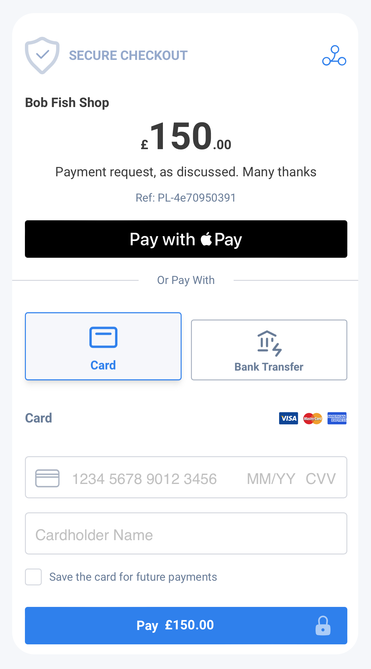 screenshot of the secure checkout screen with the apple pay option available