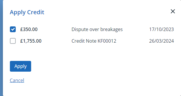 screenshot of availabel credit notes