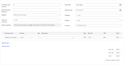 screenshot of the new purchase order form in IRIS Kashflow