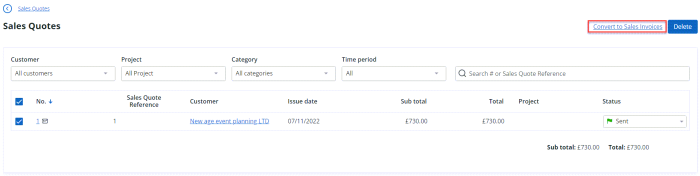 screenshot of the sales quote list when converting a quote to an invoice