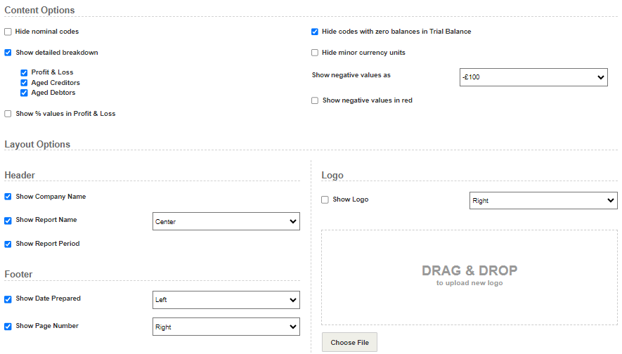 screen shot of the content options for finacial reports in IRIS KashFlow