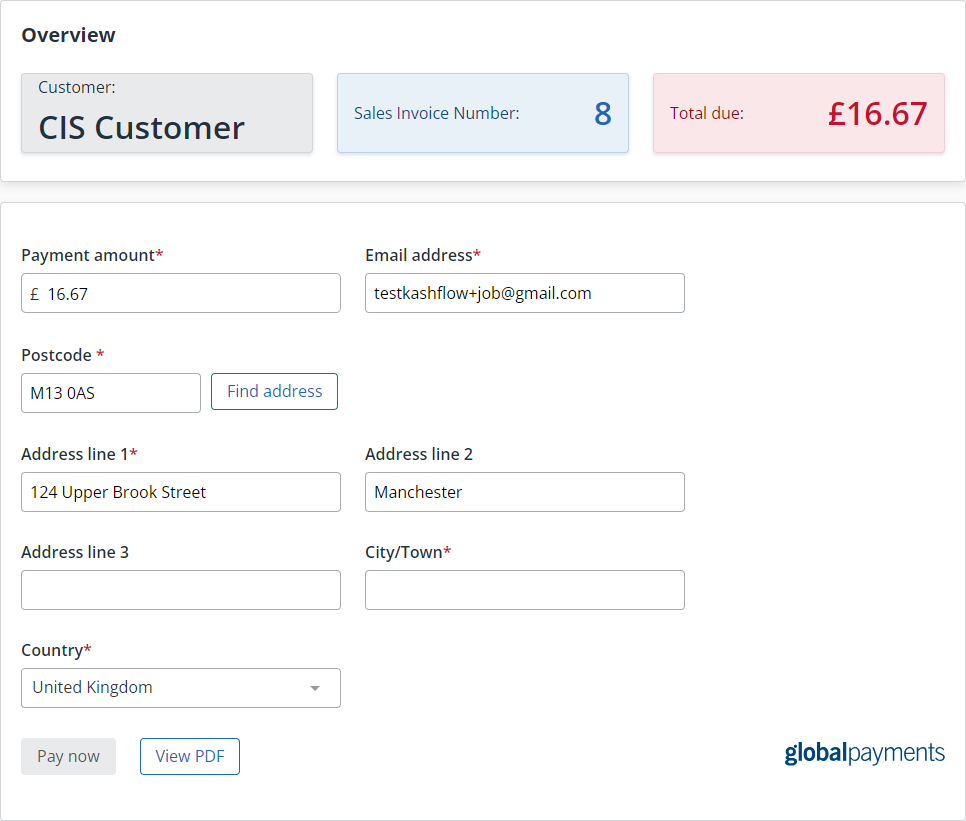 screenshot of the Global payments one off payment form in IRIS Kashflow