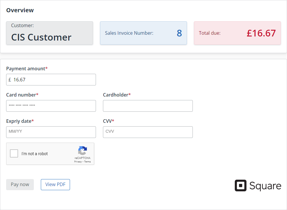 screenshot of the Stripe one off payment form in IRIS Kashflow