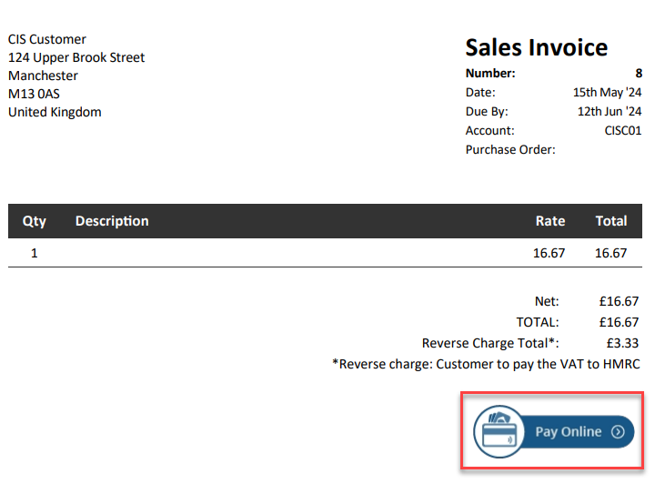 screenshot of the Pay Online button on a sales invoice PDF generated by IRIS Kashflow